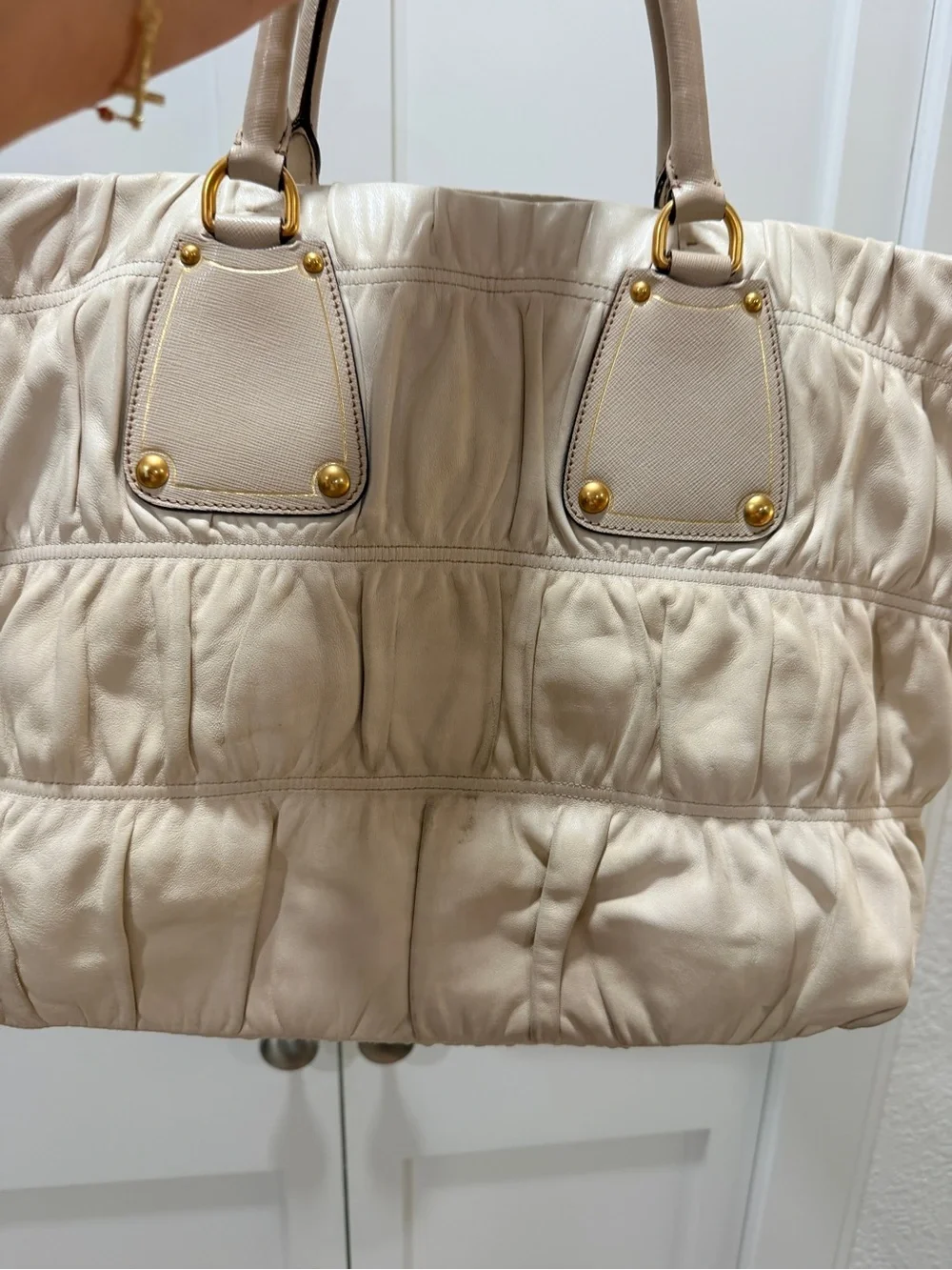 PRADA Gaufre Tote Bag Beige Lambskin Leather | Gold Hardware | VERY GOOD ❣️ - Picture 13 of 17